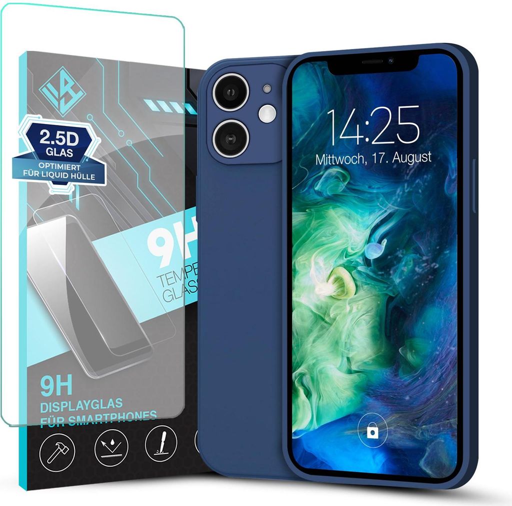 Hülle für Apple iPhone 12 mit 9H Displayglas Displayschutz Plus Case Cover Bumper Silikon Softgrip Schutzhülle Farbe: Blau