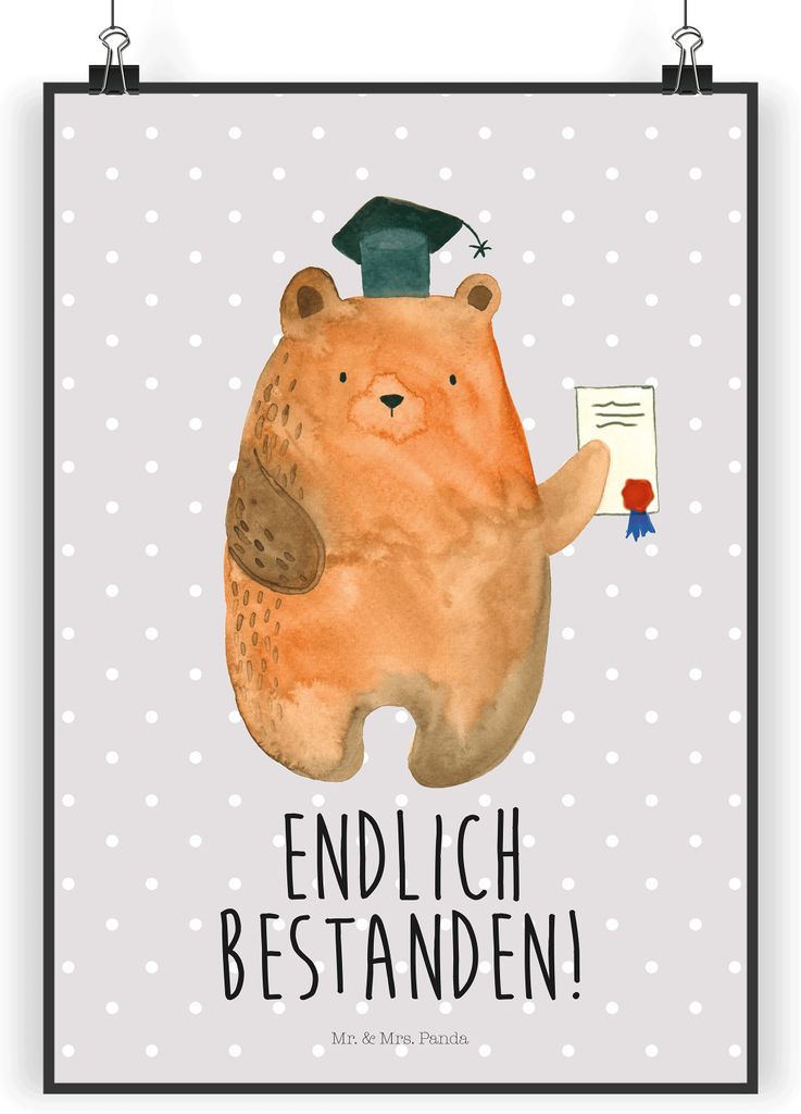 Mr. & Mrs. Panda Bild Bär Prüfung DIN A3 - Grau Pastell - Geschenk, Zeugnis, Wandbild, Bestanden, kunstdruck poster, drucke, Abschlusszeugnis, Ab...