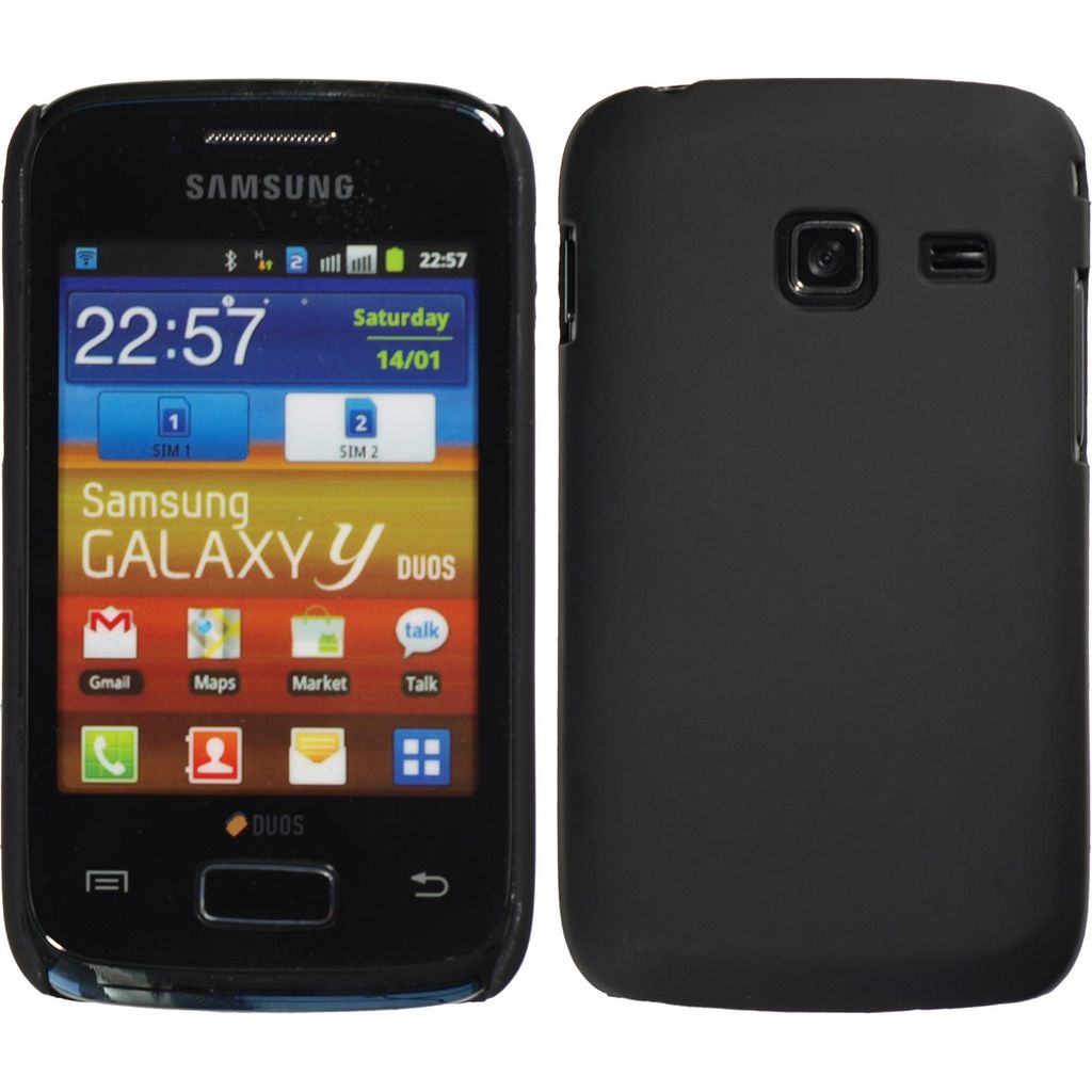 PhoneNatic Case kompatibel mit Samsung Galaxy Y Duos - Hülle schwarz gummiert Hard-case + 2 Schutzfolien