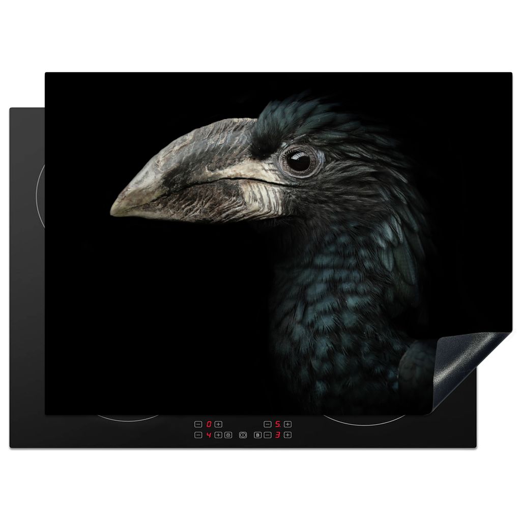KitchenYeah Herdabdeckplatte Vogel - Porträt - Hornvogel - Schwarz - Tiere , 70x52cm, Küche Deko, Glaskeramikkochfeld Herdabdeckung, Abdeckplat...