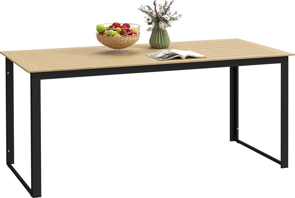 Outsunny Gartentisch Metall 175x78 cm Wetterfest Balkontisch mit Holzoptik, Lamellendesign Campingtisch für Garten, Terrasse Balkon Schwarz