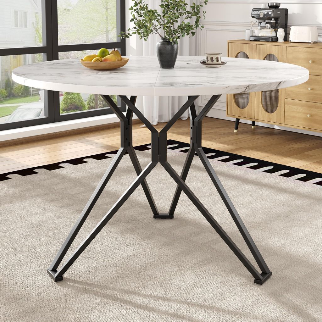 STILVORA 100×100×76cm Esstisch Runder Küchentisch mit MDF-Marmor,für Esszimmer, Wohnzimmer,für 4 Personen,Schwarzer Rahmen