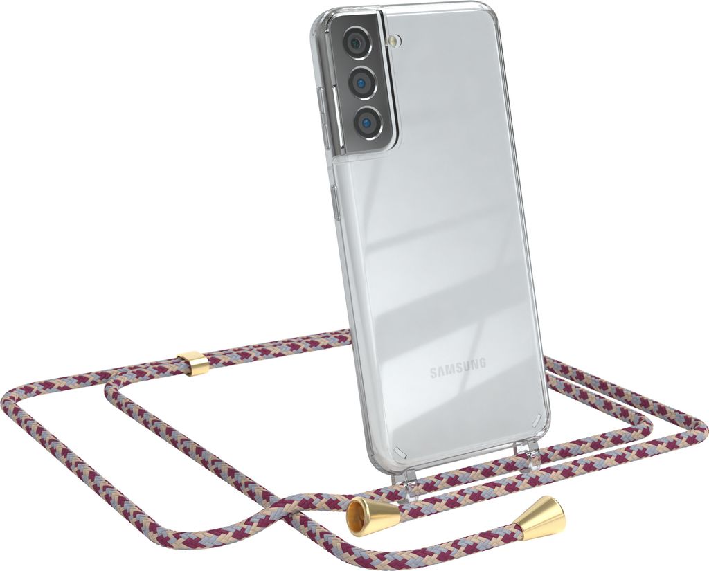 EAZY CASE Handykette kompatibel mit Samsung Galaxy S21 5G, Handyhülle mit Umhängeband, Handykordel, Schutzhülle Clear, Band in Rot