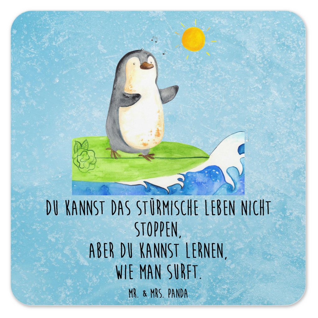 Mr. & Mrs. Panda Tischuntersetzer Pinguin Surfer 6er Set - Eisblau - Geschenk, Portugal, Tassen-Untersetzer, Urlaub, Untersetzer für Gläser, Desi...