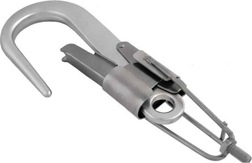 Adapter Hms für Teleskopstange Rescue Pole von Singing Rock; aus Metall mit Haken und Sicherungsmechanismus.