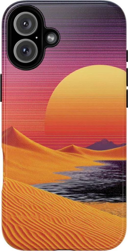 Sonnenuntergang über orangefarbenen Sanddünen im Retro-Look – Hülle Kompatibel mit iPhone 16 Plus
