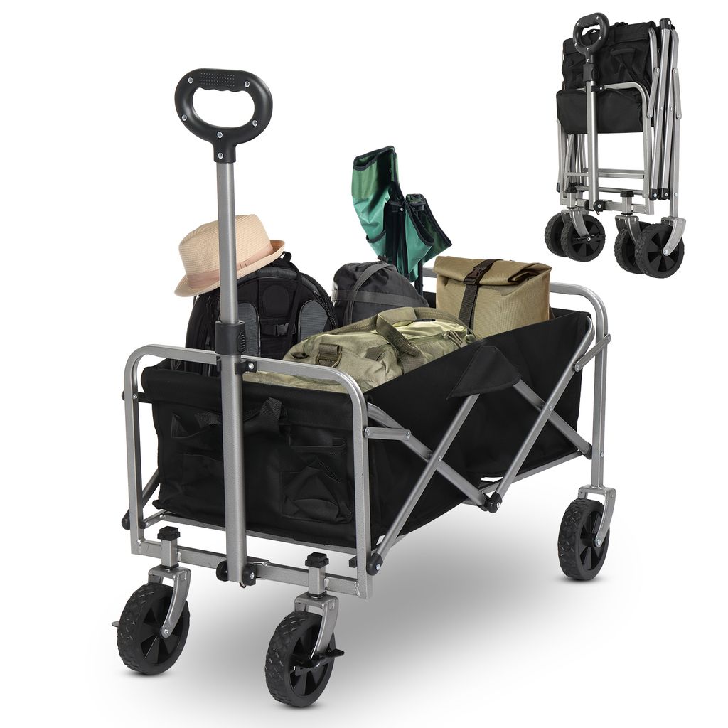 A folded and unfolded camping wagon filled with various items like bags and a hat, shown against a white background.