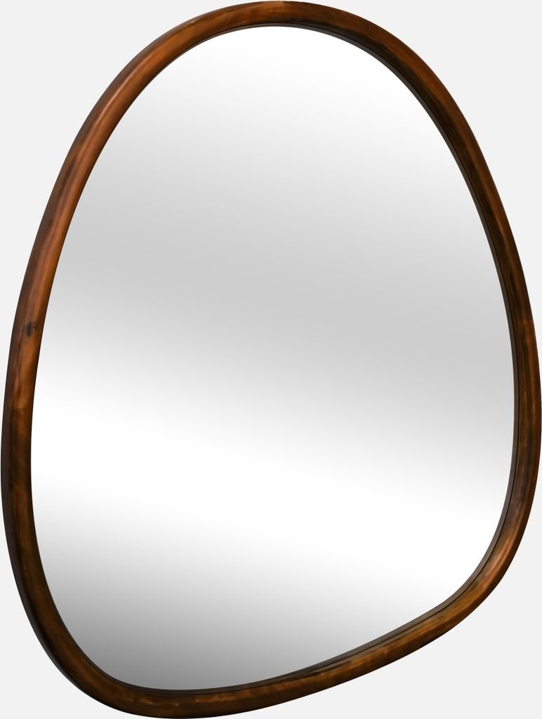 A single, organically shaped mirror with a wooden frame is presented against a plain white background.