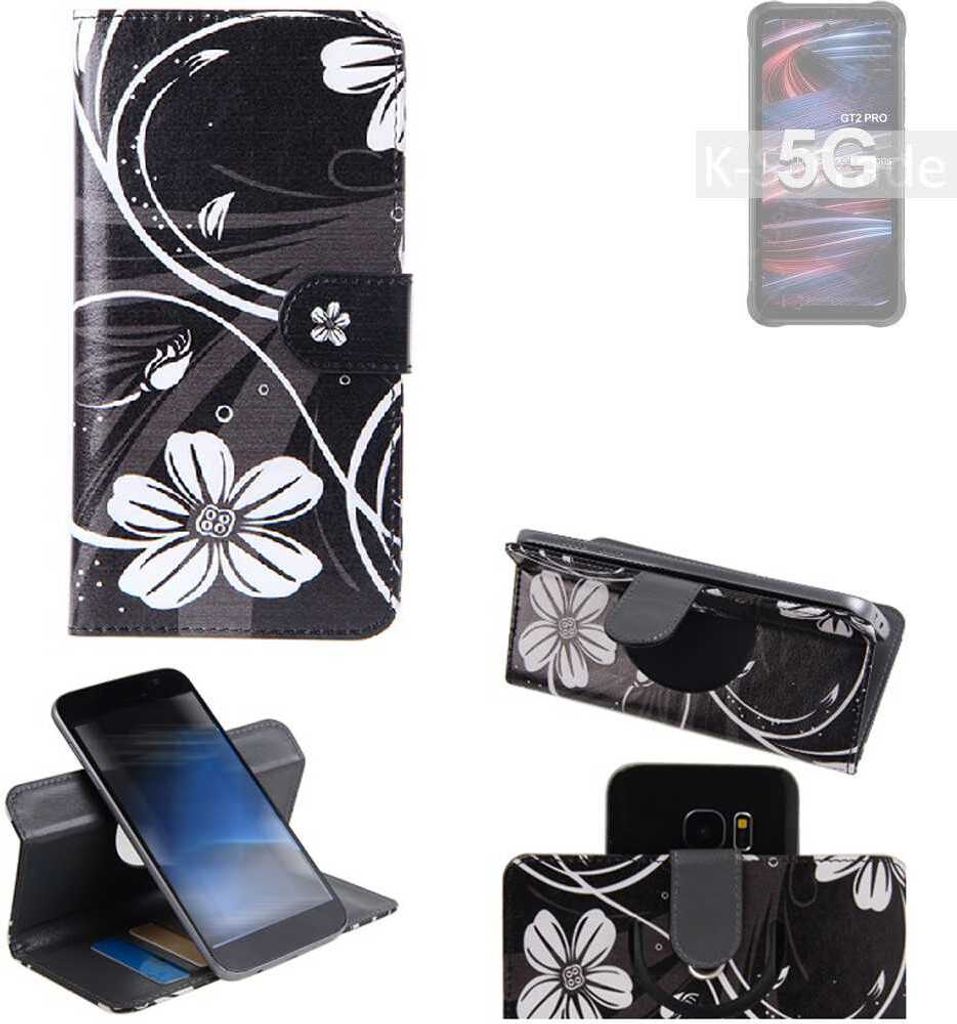 K-S-Trade Schutzhülle Handyhülle kompatibel mit UMIDIGI Bison GT2 Pro 5G Hülle 360° Wallet Case ''Flowers'' Klapphülle Hülle schwarz-weiß 1x