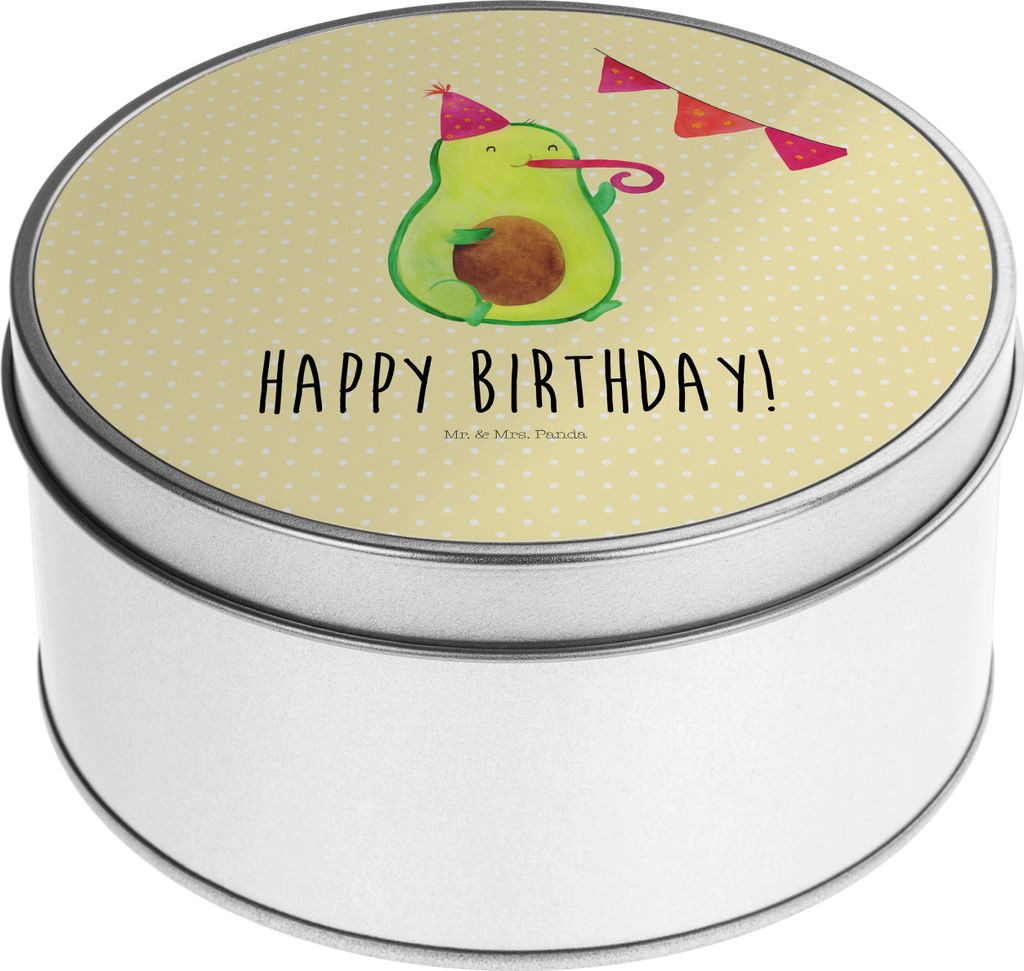 Mr. & Mrs. Panda gebäckdose Avocado Geburtstag - Gelb Pastell - Geschenk, Alles Gute, Keksdose, Kaffeedose, Blechbüchse, Blechdose Rund, Gesund, ...