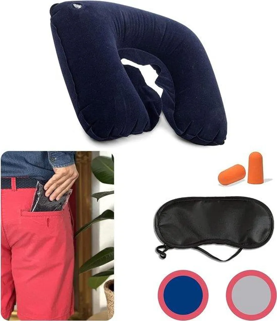 Oreiller de voyage bleu marine avec bouchons d'oreilles et masque occultant
