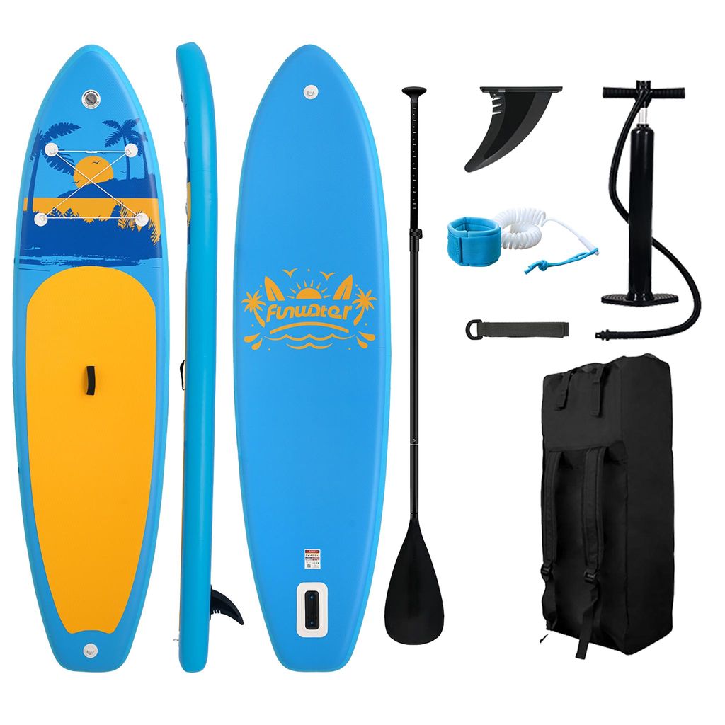 Funwater Aufblasbares SUP Board & Paddleboard 335×84×15cm, blau gelb tropisches Palmen Sunset Design, Tragkraft 190kg, vielseitig für Yoga & Angeln