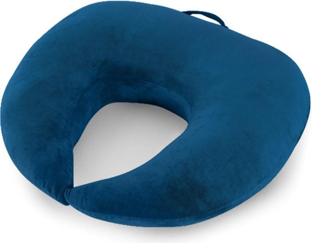 A navy blue U-shaped pillow on a white background.