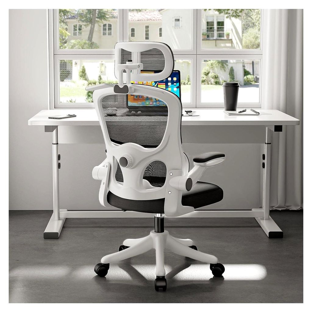 Ergonomischer Bürostuhl, Chefsessel mit Lendenwirbelstütze und Kopfstütze, verstellbar, 90° hochklappbare Armlehne, hohe Rückenlehne, Netz-Dre...