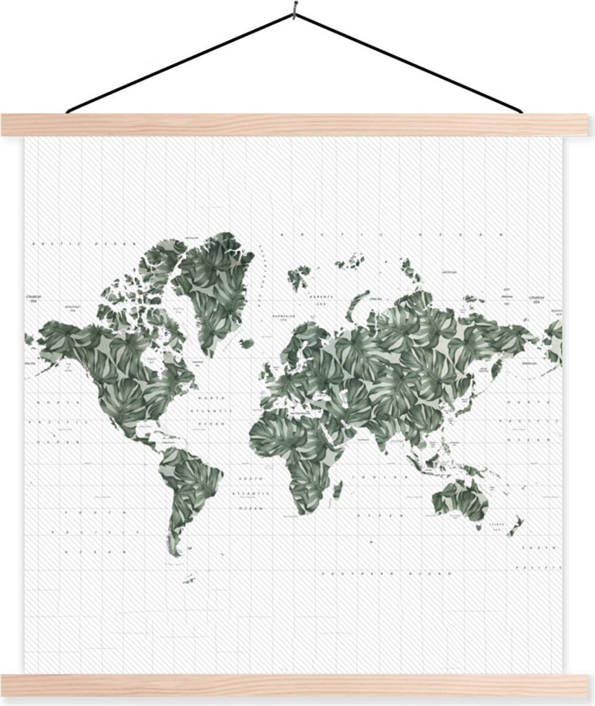 MuchoWow Textilposter Weltkarte - Grün - Blätter 60x60 cm mit holzfarbenen Rahmen - Wanddekoration