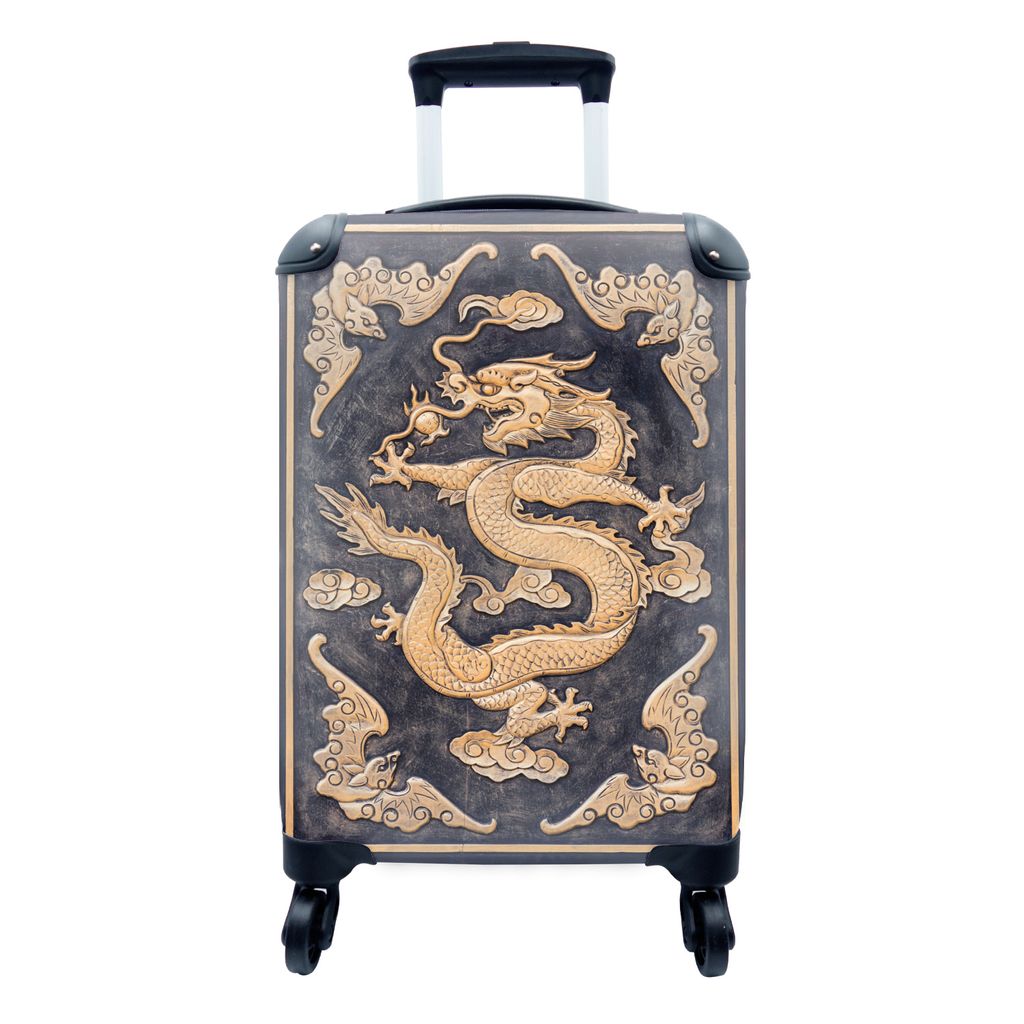 MuchoWow Koffer Handgepäck Trolley Rollkoffer Kleine Reisekoffer mit 4 Rollen - Mit einem goldenen chinesischen Drachen verzierte Holztür - Cab...