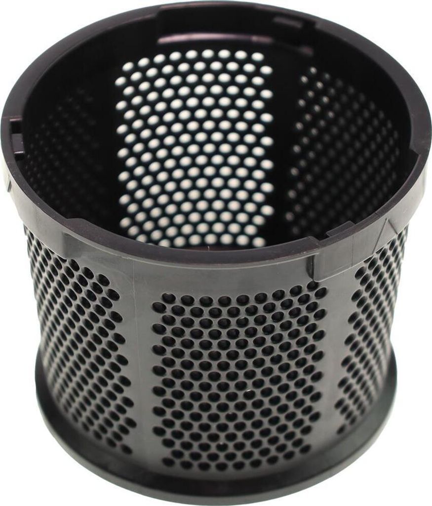 A black filter basket with many small holes.