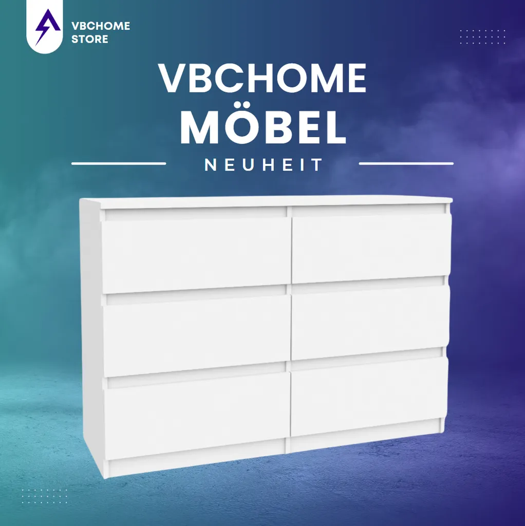 Commode VBChome blanche à 6 tiroirs de 120 cm pour chambre à coucher - 2