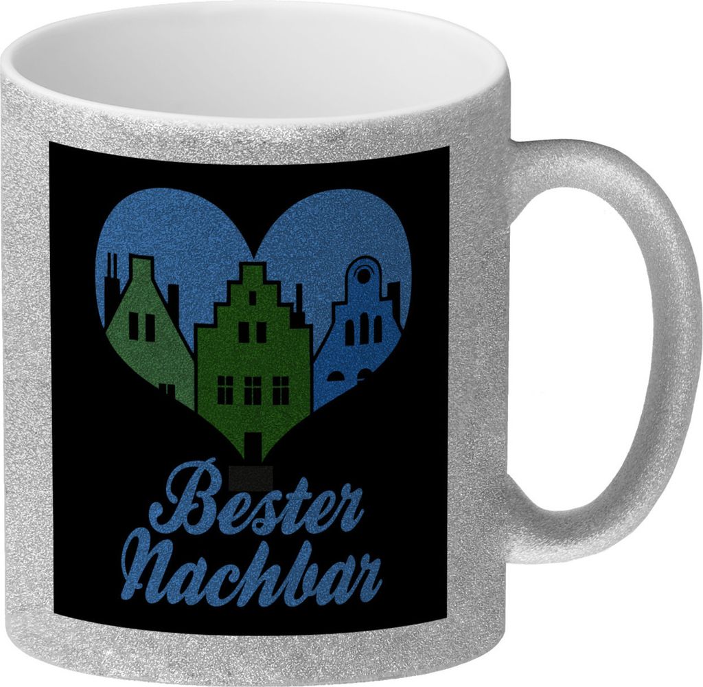 Nachbarschaft Glitzer-Kaffeebecher mit Spruch Bester Nachbar