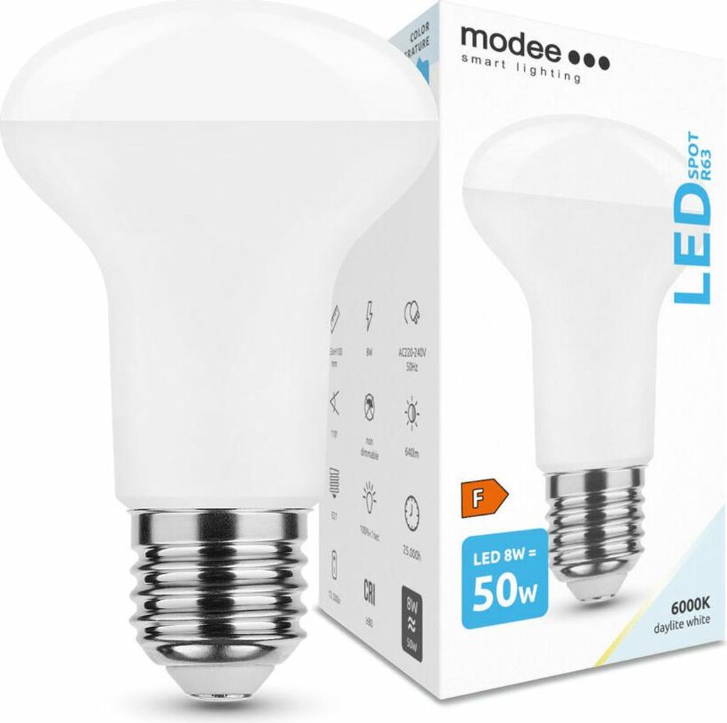 Modee E27 LED-Lampe 8W - 640lm - 6000K - Tageslichtweiß - LED-Spot R63 - Ersetzt 50W Halogen-Glühlampe