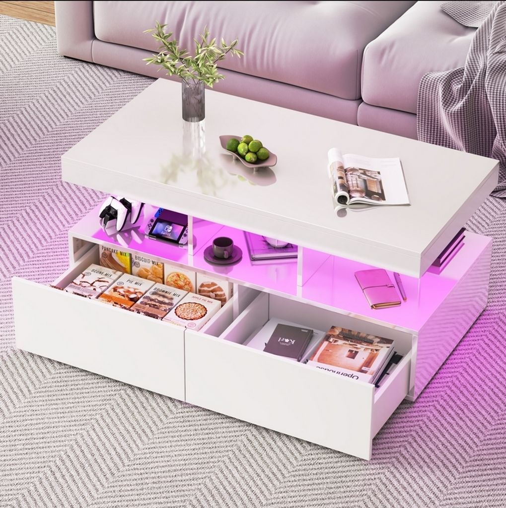 Fortuna Lai LED Couchtisch Wohnzimmertisch mit Regal Hochglanz Modern Beistelltisch Kaffeetisch mit 2 Schubladen 104 x 53 x 46cm (Weiß)
