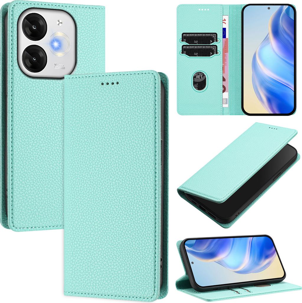 Litchi Leder Handyhülle für itel A80 Wallet Kartenfächer Standfunktion Hülle Türkis