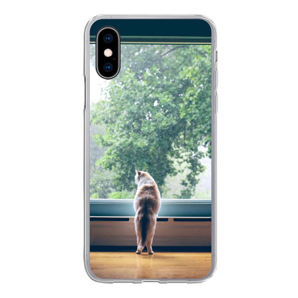 MuchoWow Handyhülle Schutzhülle Hülle für iPhone X Katze - Fenster - Pflanzen Silikon Softcase Handy Hülle - Handyhülle