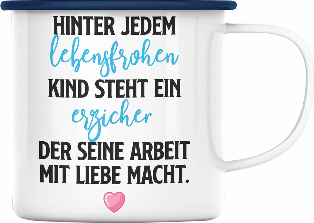 Trendation - Erzieher Emaille Tasse Geschenk Abschiedsgeschenk zum Abschied Lustig Geschenke Emaille Emaille Tasse Kindergarten Erzieher Mit Herz (...