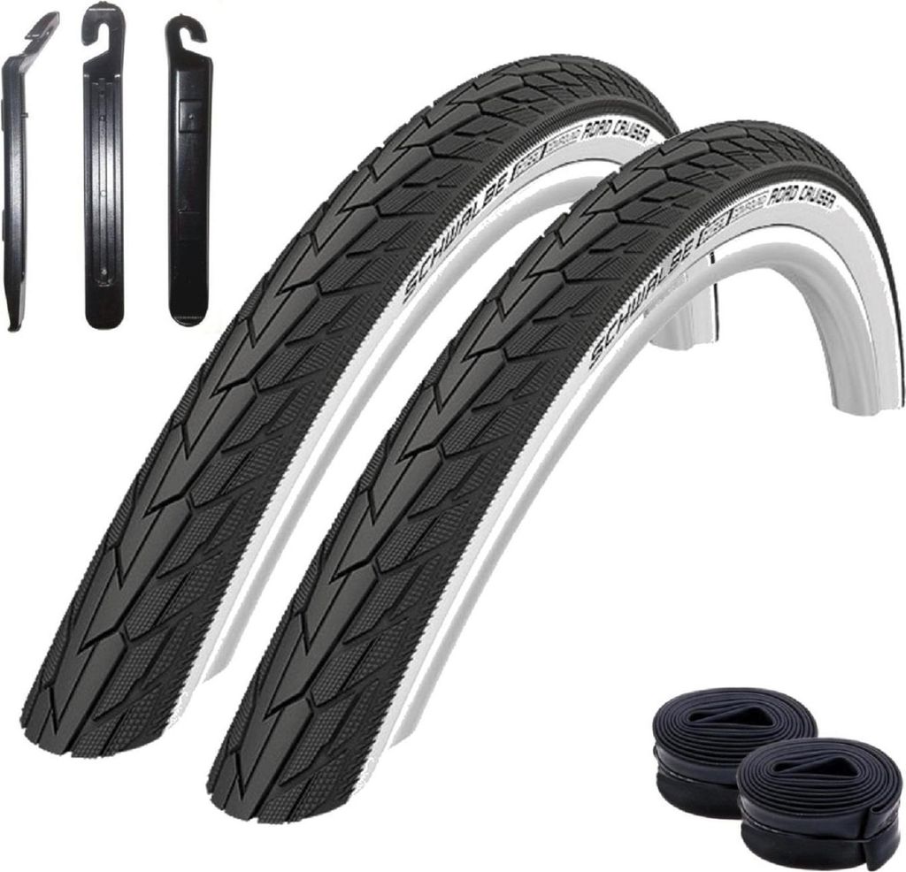 2 x Schwalbe Road Cruiser Fahrradreifen Weißwand 37-622 ( 28 x 1.40 ) mit 2 x DV-17 (Dunlopventil) inkl. Reifenheber