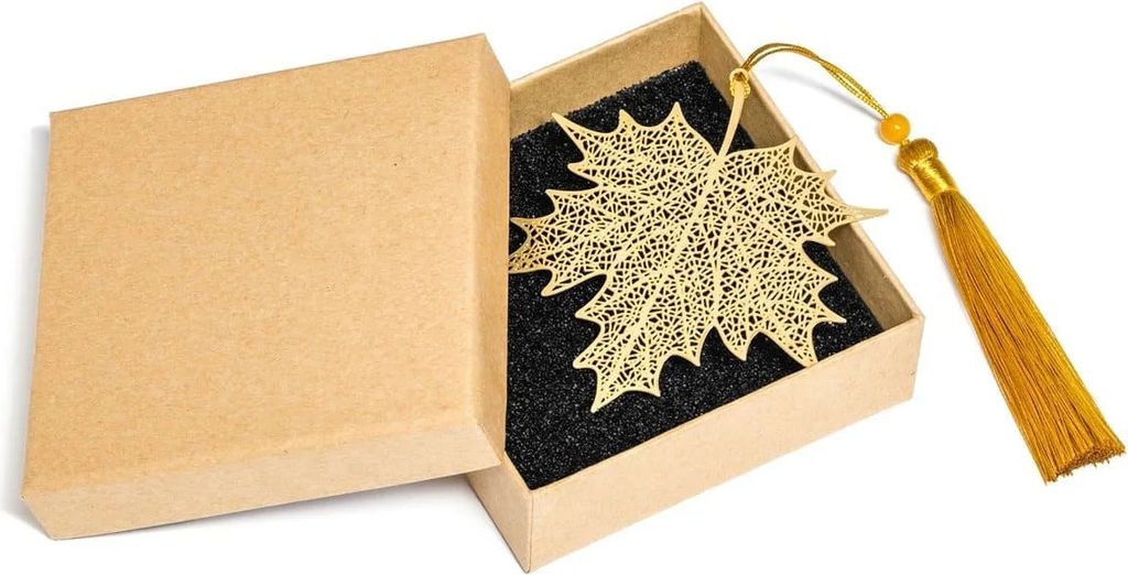 Ahornblatt Metall Lesezeichen Gold Quaste + dekorative Box