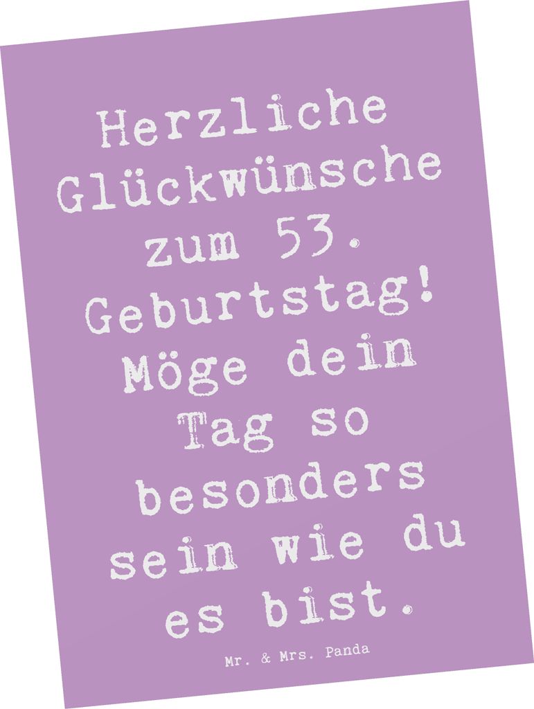 Mr. & Mrs. Panda Postkarte Spruch 53. Geburtstag - Lavendeltraum - Geschenk, einzigartige Geschenke, herzliche Wünsche, Alter, Grußkarte, Jubilar...