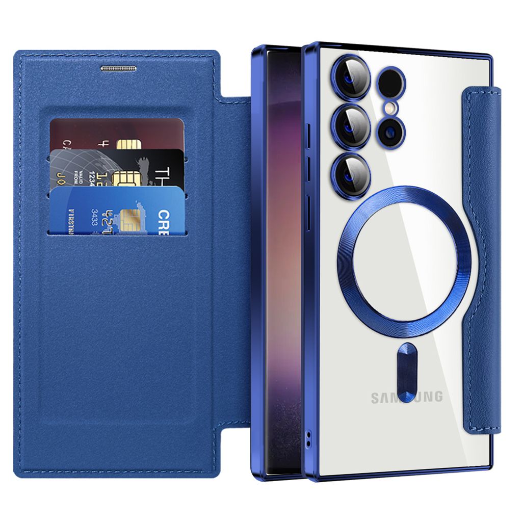 Klapphülle für Samsung Galaxy S25 Ultra Kompatibel mit Magsafe, Klar Überzug Kartenhalter Ledertasche mit Kameraschutz Blau