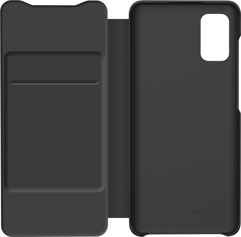 A black wallet flip cover for a smartphone is shown open, displaying the inside of the cover and the back of the phone case.