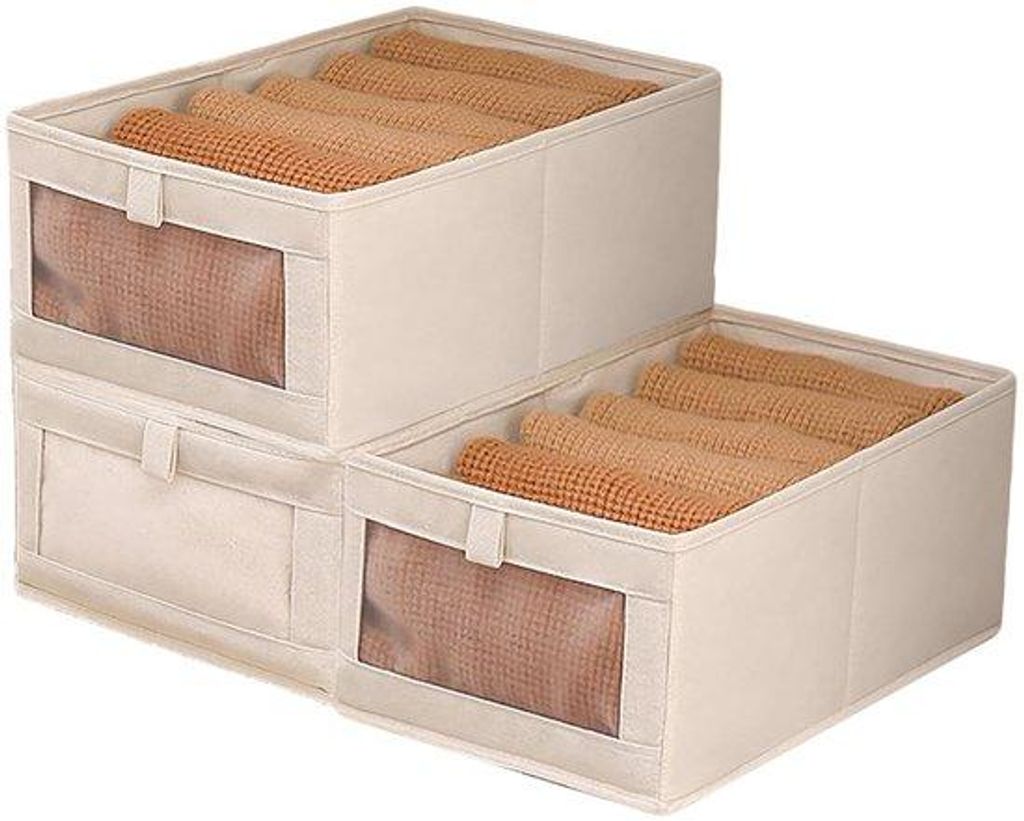 Beige 3er-Set opvouwbare Stoffkisten mit transparentem Fenster, ideal für Spielzeug, Kleidung und Bücher, 44 x 25 x 20 cm
