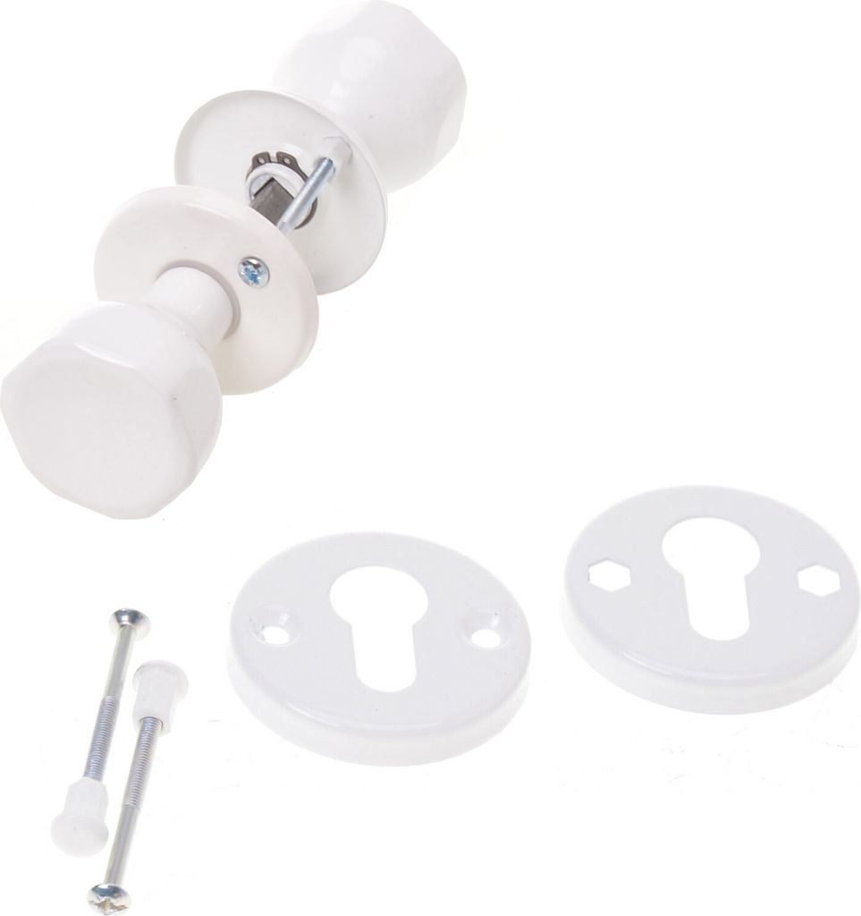 A white door knob set with accompanying hardware, including two keyhole escutcheons and two screws, laid out against a white background.