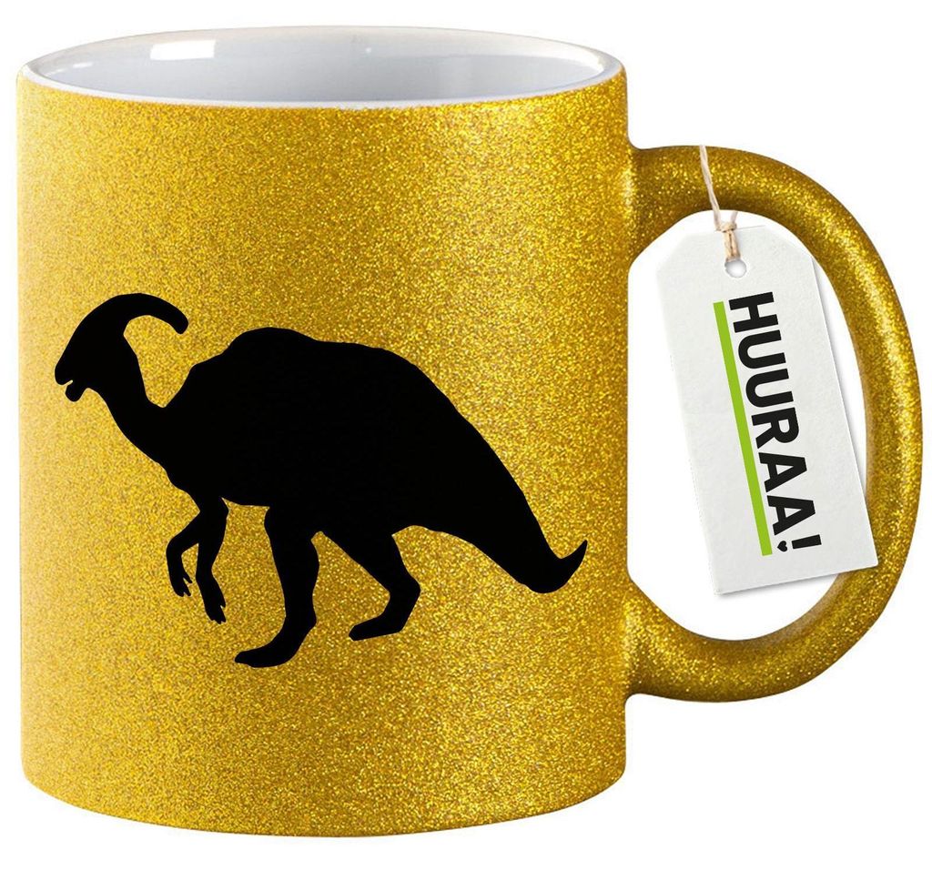 Huuraa Glitzertasse Parasaurolophus Dinosaurier 330ml Gold Keramik Kaffeebecher Geschenkidee