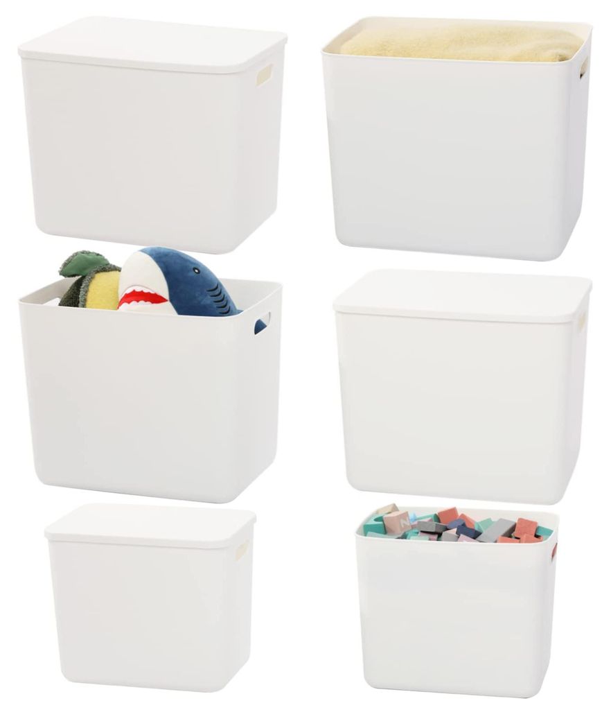 Set mit 6 großen weißen Aufbewahrungsboxen/Körben aus Kunststoff, Spielzeugkiste mit Deckel und Griff, Organizer für