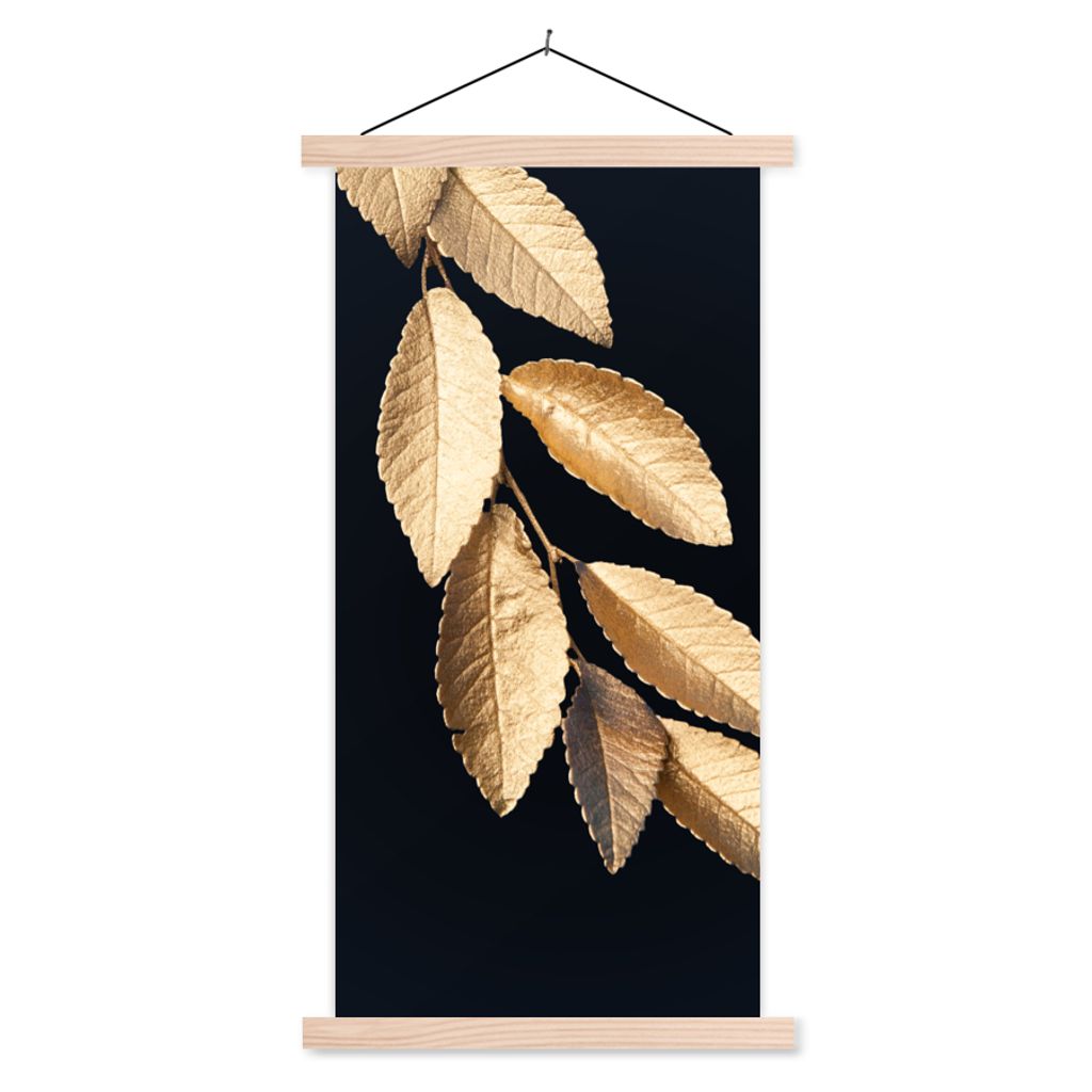 MuchoWow Textilposter Blätter - Schwarz - Gold - Luxus - Pflanzen 40x80 cm mit holzfarbenen Rahmen - Wohnzimmer