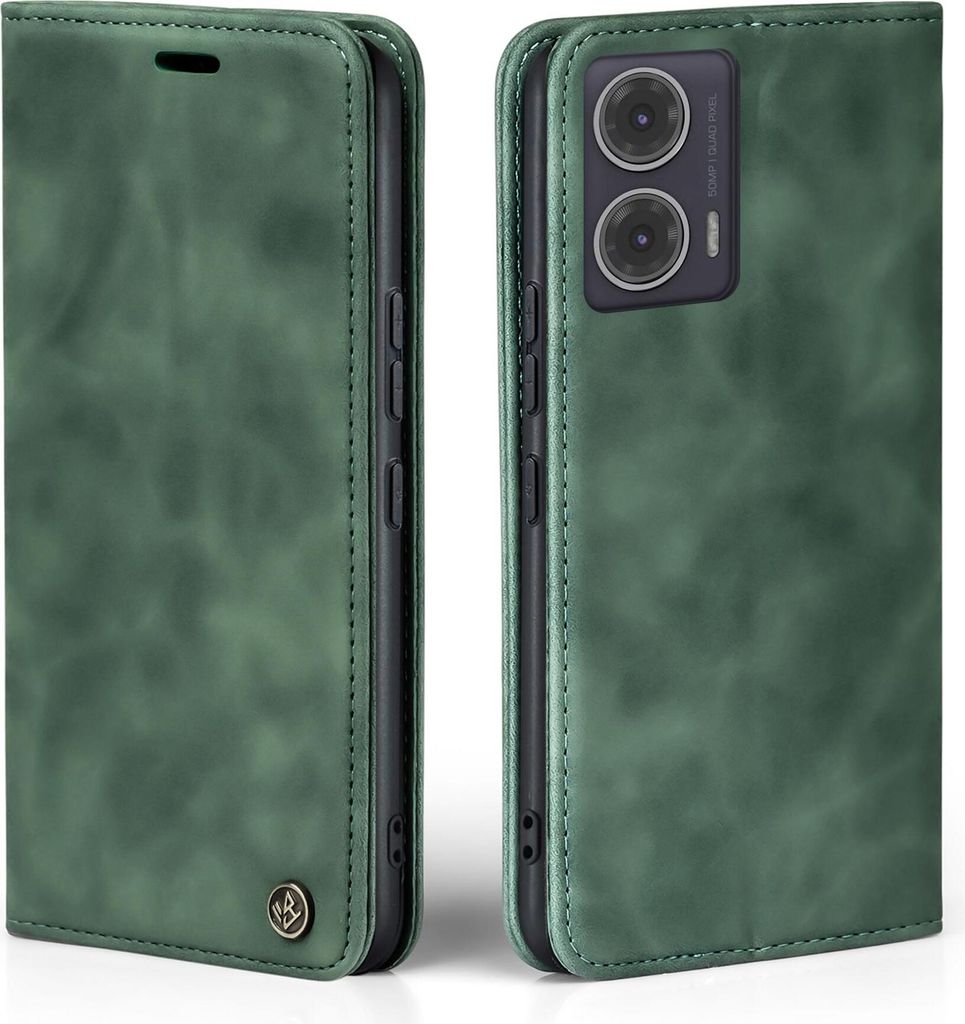 A green flip case for a smartphone is shown from two angles.