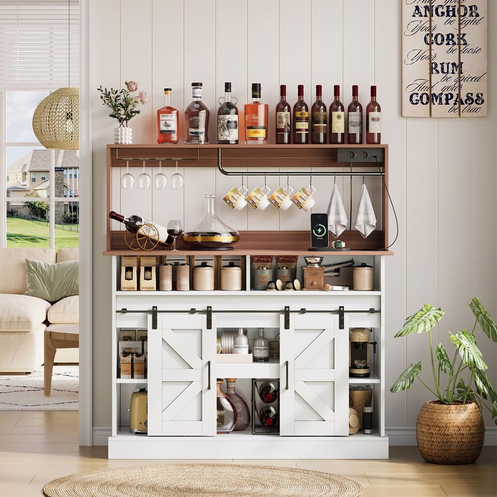 Sideboard mit Gläserhalter und Steckdosen Kaffeebartisch Buffet Aufbewahrungsschrank für Küche Wohnzimmer 120x40x130cm