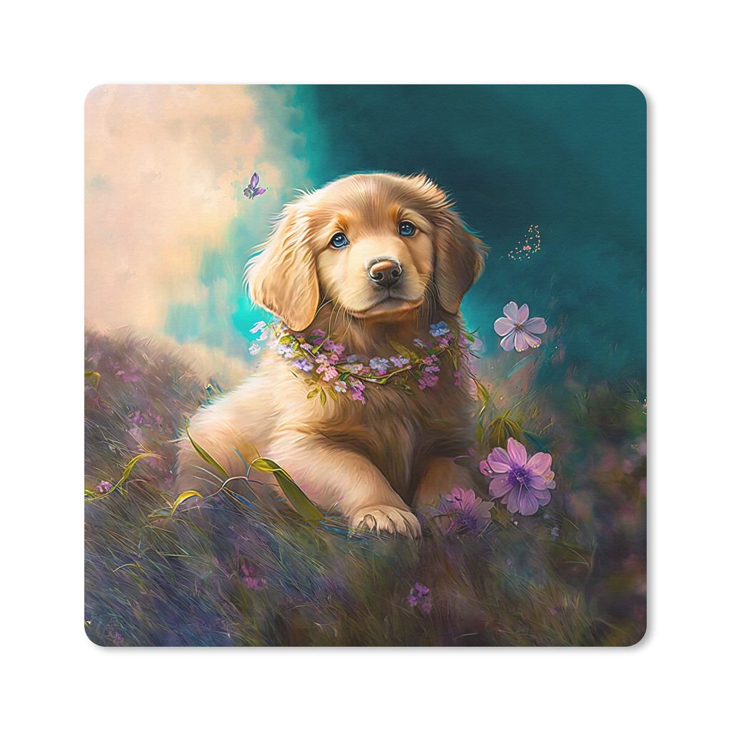 MuchoWow Mauspad Mousepad Welpe - Blumenkranz - Schmetterling - Hund - Golden Retriever 20x20 cm - Mousepads - Maus Mat - Pad - Mausunterlage - D...