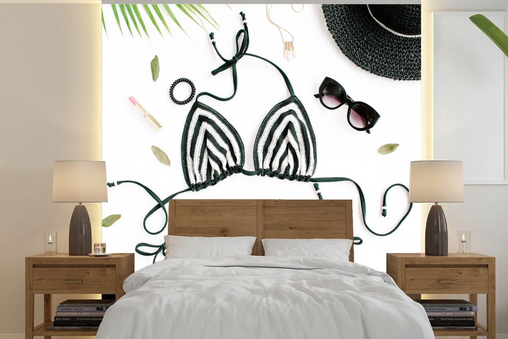 MuchoWow Fototapete für Wohnzimmer oder Schlafzimmer Wandtapete Vinyl Motivtapete Bikini - Schwarz - Weiß - 300x300 cm - Wanddekoration