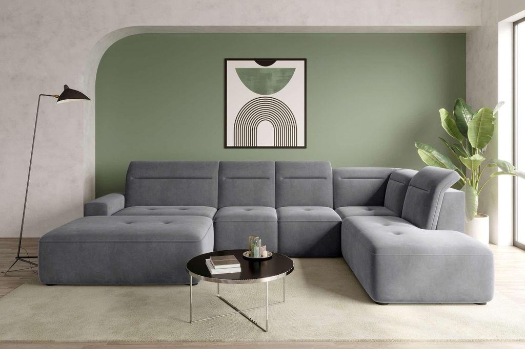 99rooms Elvaro Wohnlandschaft Velours PALLADIUM Hellgrau Links mit Sitztiefenverstellung