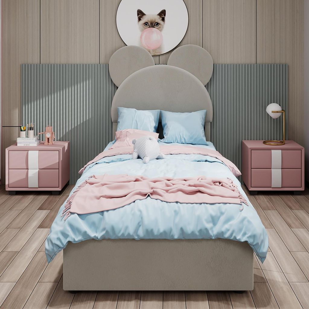 Sweiko Modern Minimalist Upholstered Bed with Soft Cartoon-Design Headboard, 90x200 cm, Beige, Multifunctional Bedroom Furniture, High-Profile Stor...