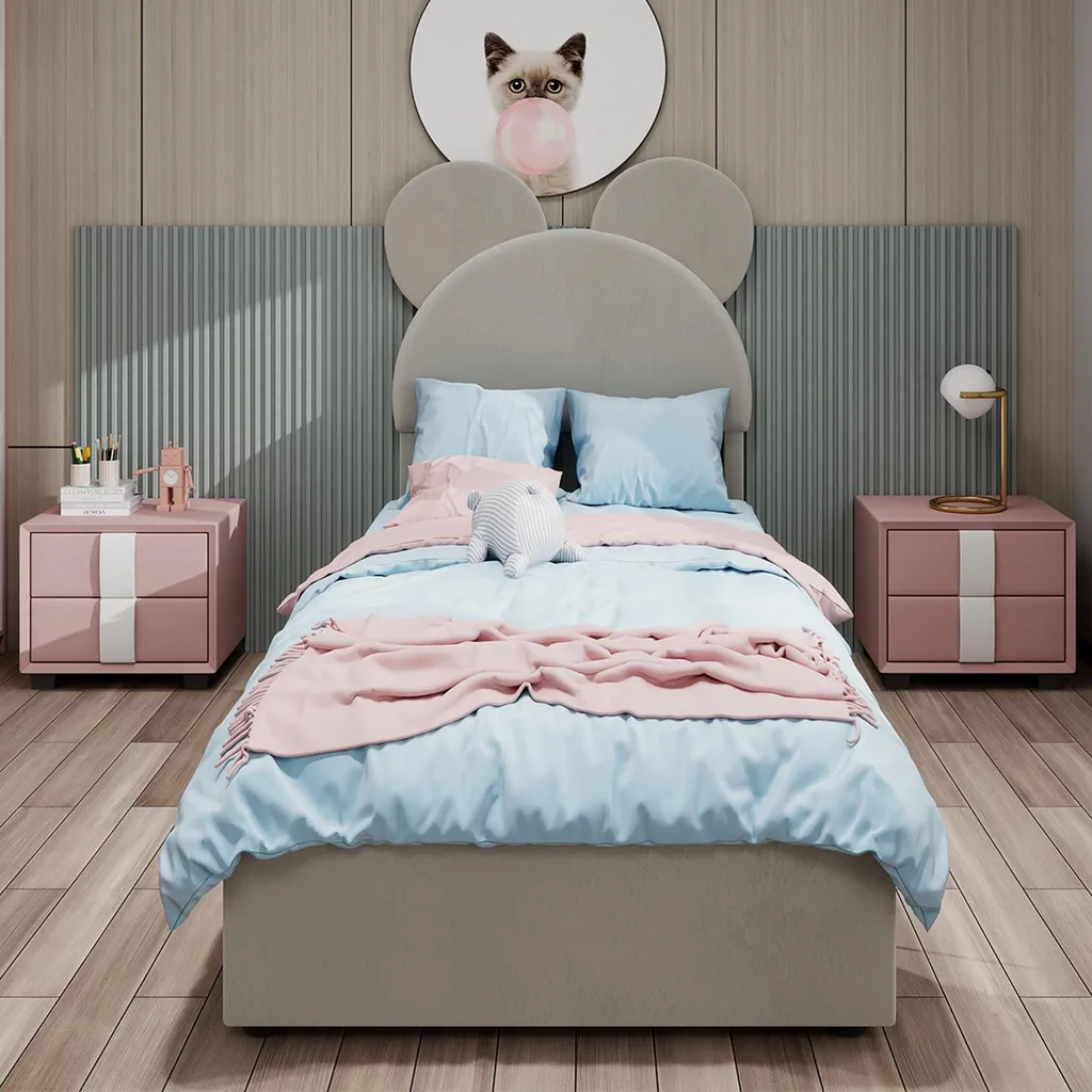Sweiko Lit Moderne 90x200 cm Beige - Sommier Coffre avec Tête Dessin Animé
