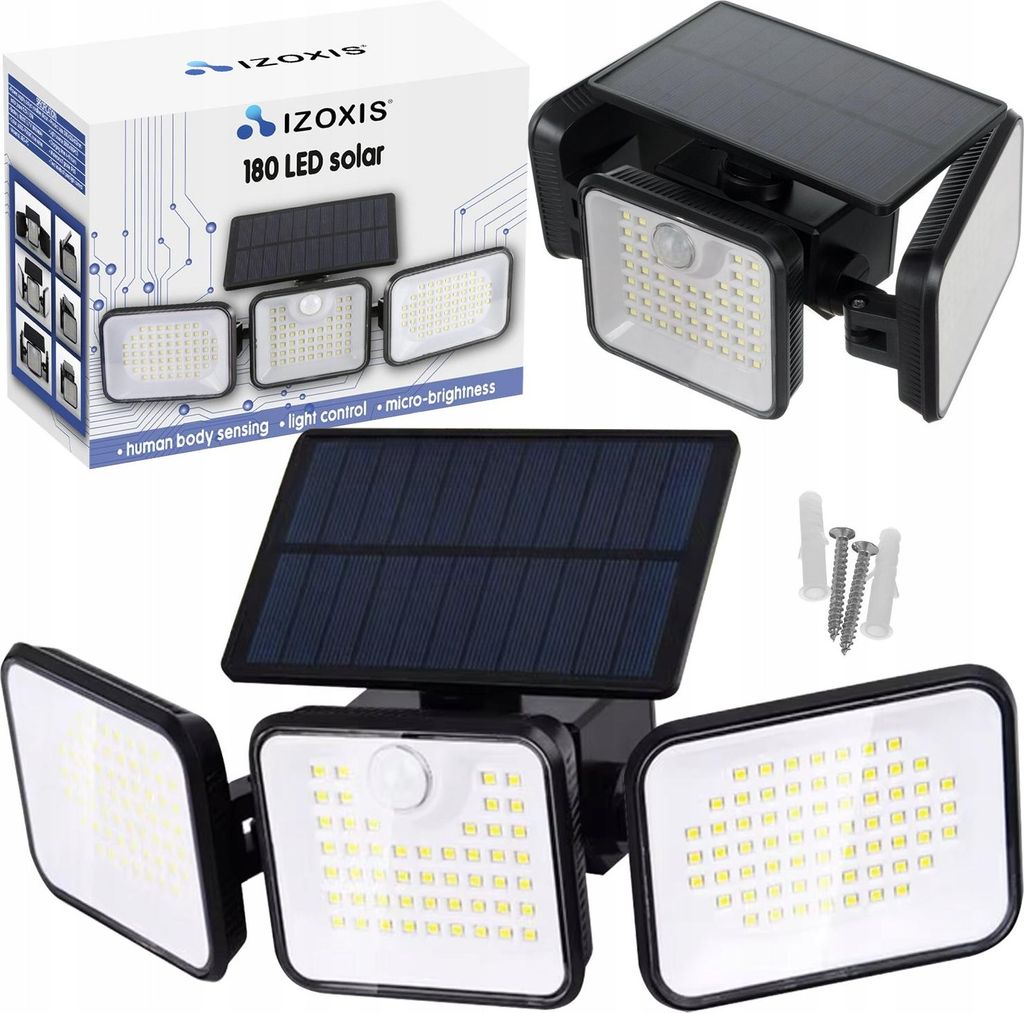 A product shot of a solar-powered LED lamp with its packaging and accessories.