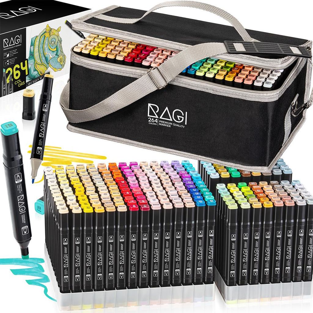 A set of 264 RAGI alcohol markers in a black carrying case, with some markers laid out in front.