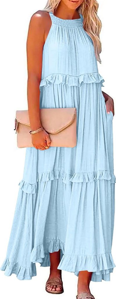 ASKSA Damen Langes Kleid Sommer Big Swing Strandkleid y Kleid Women Cover up Bikini Maxi Beachwear Kleider, Blau, Groesse: M