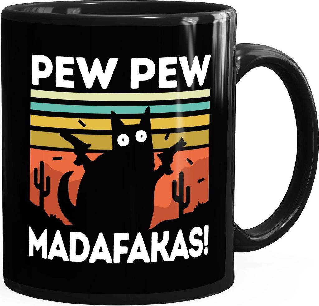Kaffee-Tasse mit Spruch Pew Pew Madafakas! schwarze Katze Produktbild 