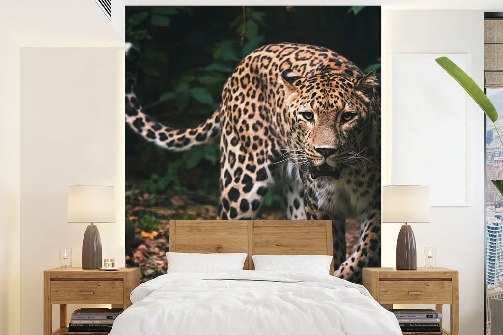MuchoWow Fototapete für Wohnzimmer oder Schlafzimmer Wandtapete Vinyl Motivtapete Wildtiere - Leopard - Dschungel - Natur - 165x220 cm - Wanddek...